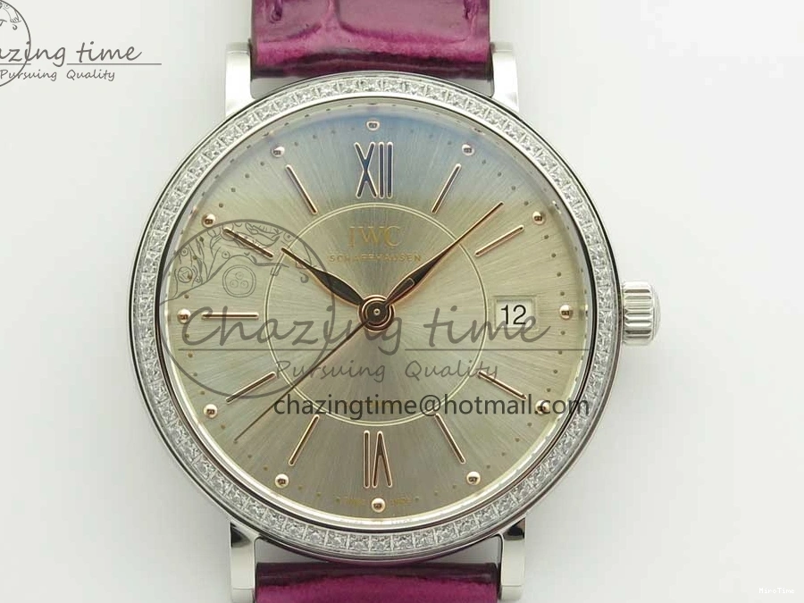MIROTIME 0113 Portofino IW458101 Diamond Bezel SS MK 1:1 Best Edition Silver Dial On Purple Leather Strap MIYOTA Tailored 7166